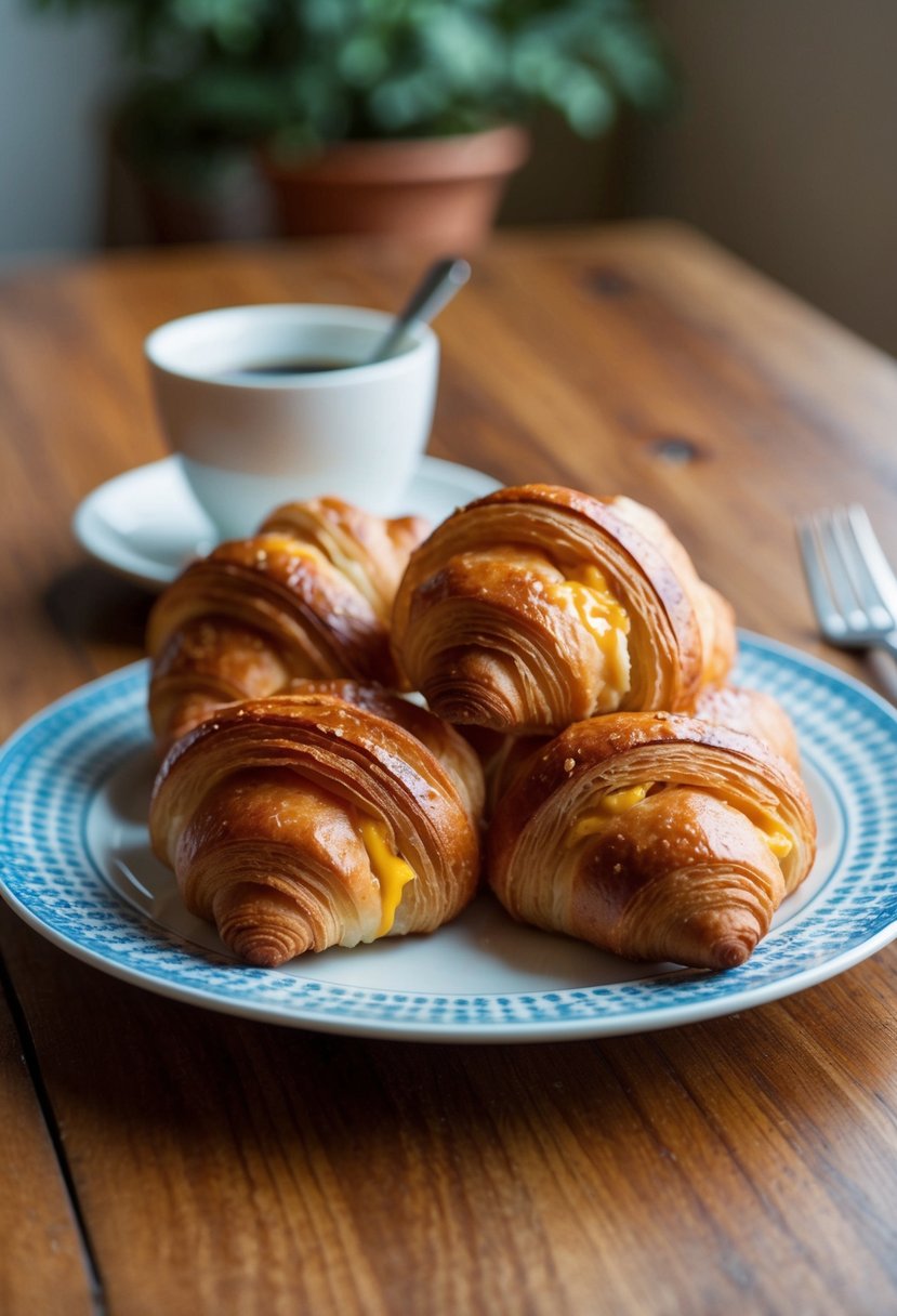 A plate of freshly baked ham and cheese croissants on a wooden breakfast table