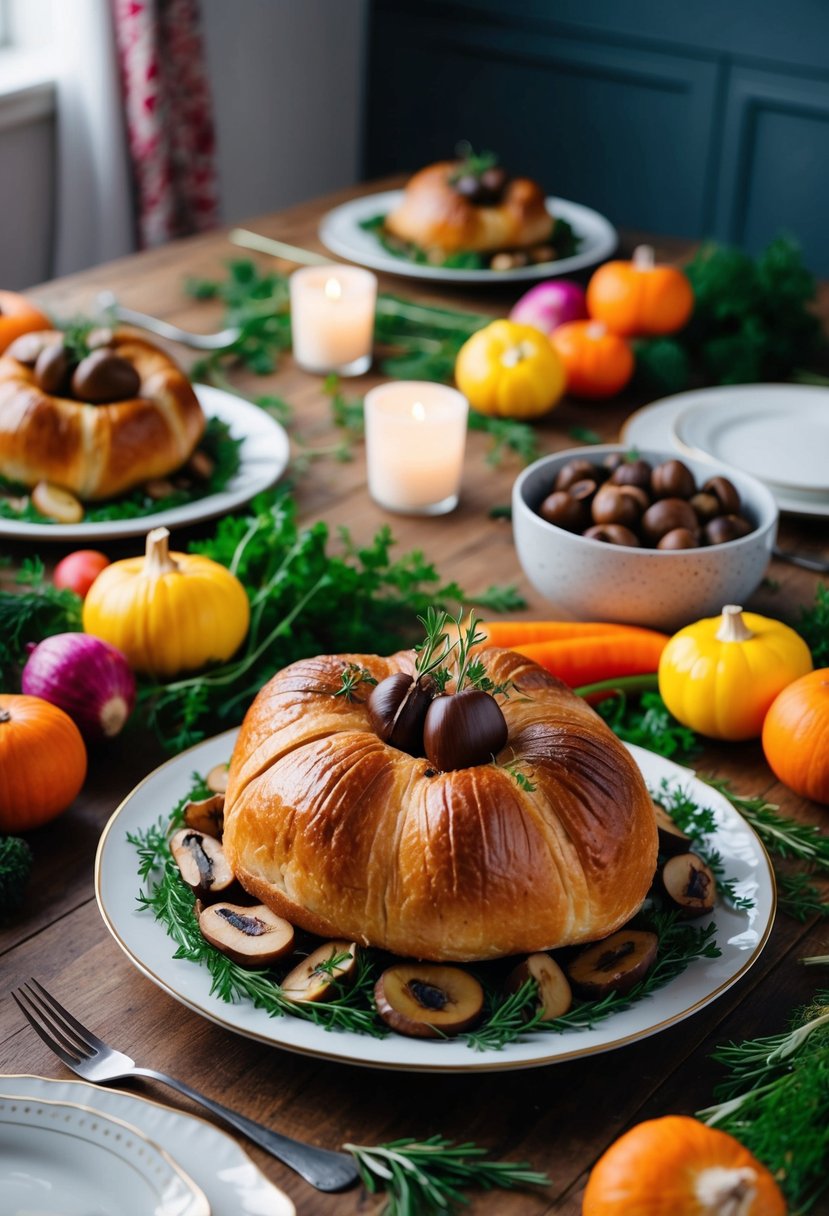 A festive table set with a golden-brown Roasted Chestnut and Mushroom Wellington, surrounded by colorful seasonal vegetables and garnished with fresh herbs