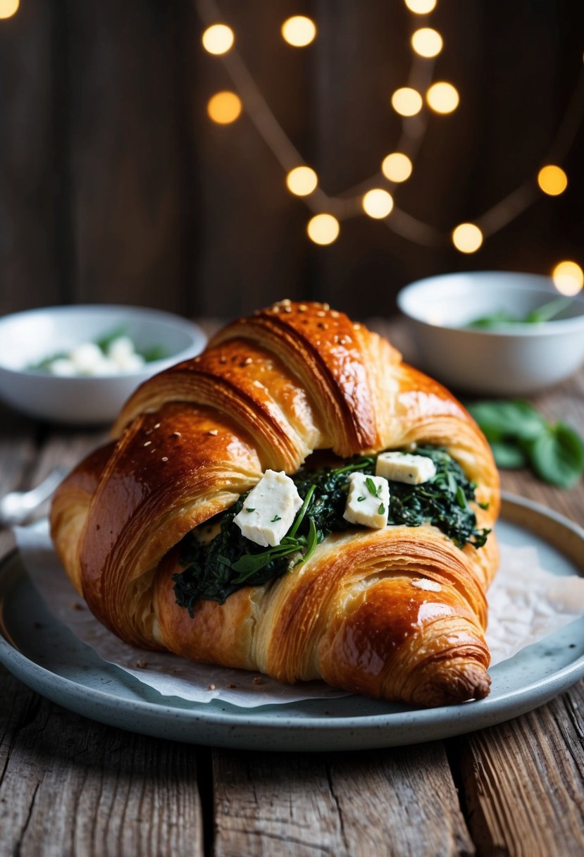 A golden-brown croissant filled with spinach and feta, fresh from the oven on a rustic wooden table