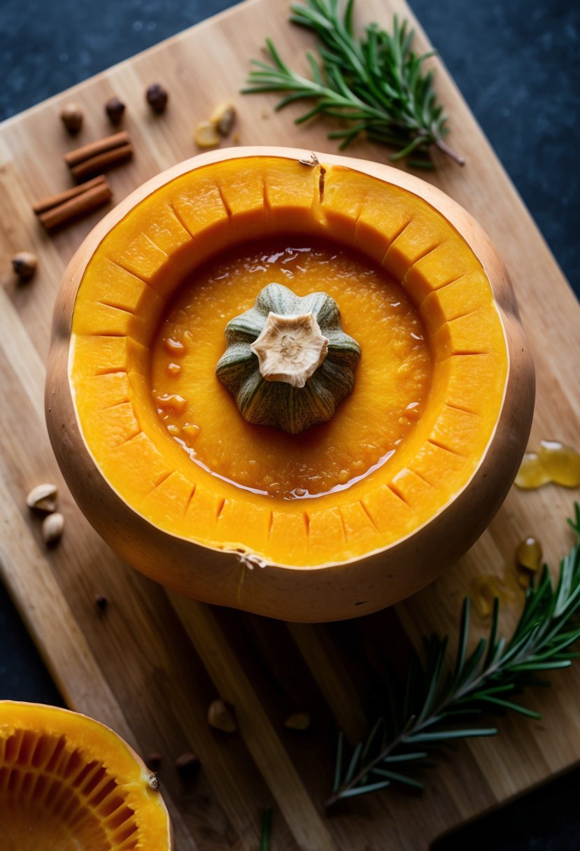 A butternut squash sits on a wooden cutting board, its skin scored and glistening with maple glaze. Surrounding it are scattered ingredients like cinnamon, nutmeg, and rosemary