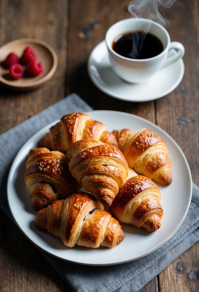 A plate of freshly baked raspberry almond croissants on a rustic wooden table, with a steaming cup of coffee beside it