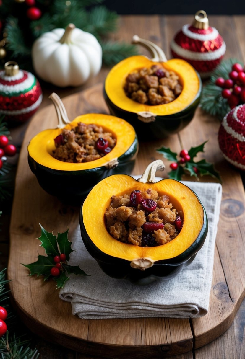 A rustic wooden table adorned with halved acorn squash filled with cranberry stuffing, surrounded by festive holiday decor