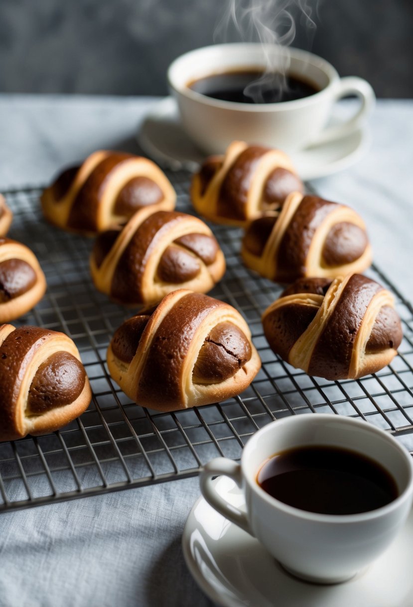 A tray of freshly baked Pain Au Chocolat crossaints cooling on a wire rack, with a steaming cup of coffee beside it