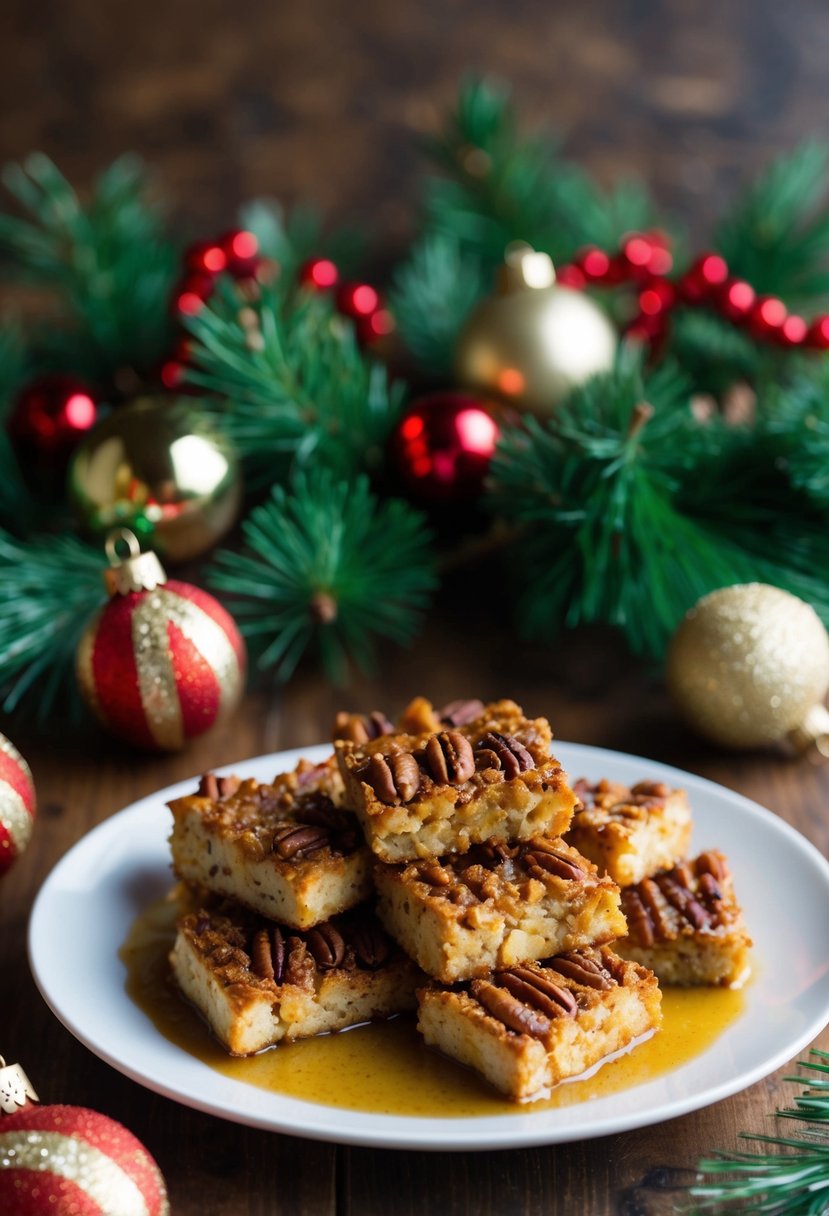 A plate of pecan-crusted tempeh with dijon glaze, surrounded by festive holiday decorations