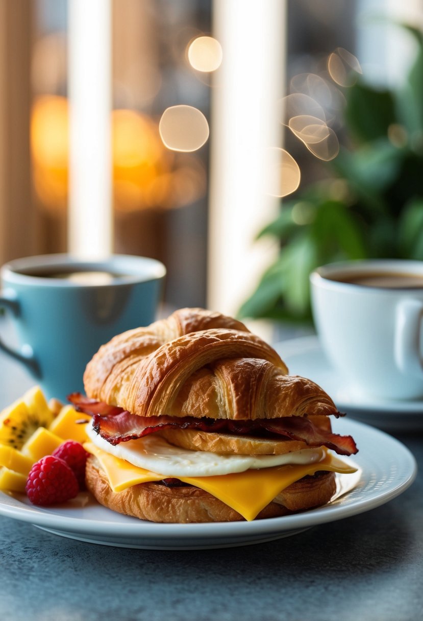 A golden croissant breakfast sandwich with layers of egg, cheese, and bacon, served with a side of fresh fruit and a steaming cup of coffee