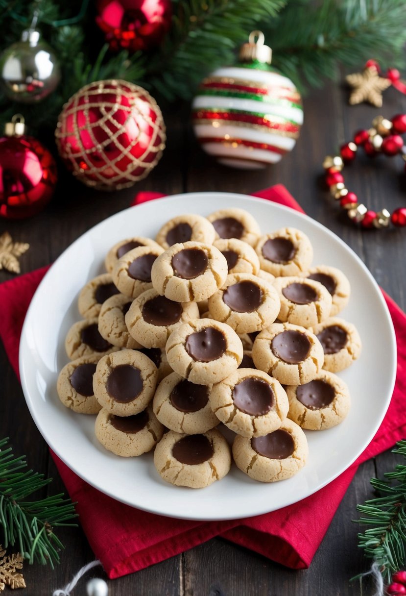 A plate of vegan gluten-free thumbprint cookies surrounded by festive holiday decorations