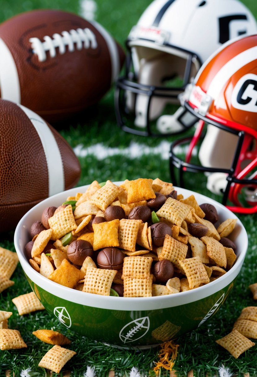 A bowl of football-themed Chex mix surrounded by footballs and helmets