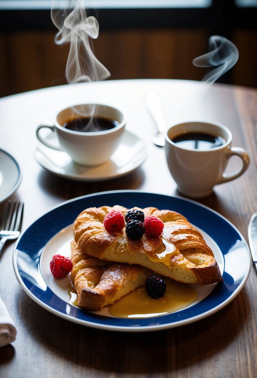 A table set with a plate of golden brown croissant French toast, topped with fresh berries and a drizzle of syrup, next to a steaming cup of coffee