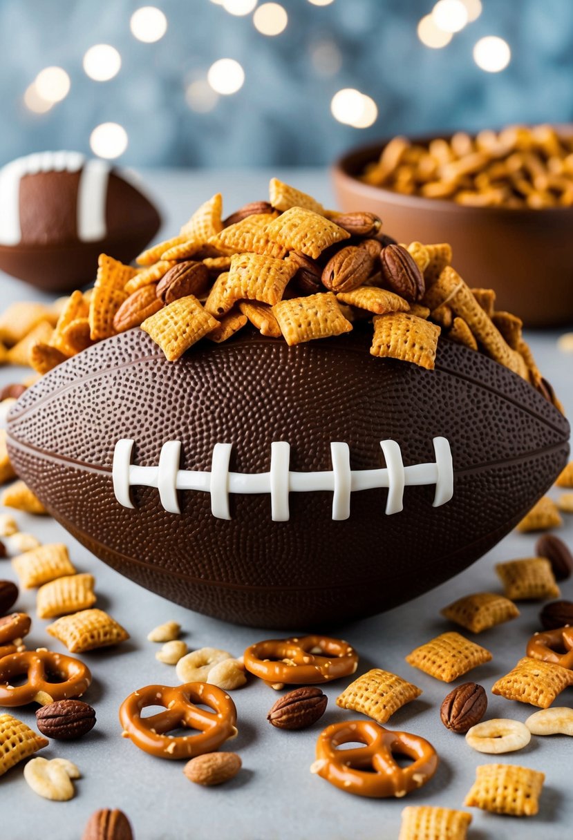 A football-shaped bowl filled with Touchdown Trail Mix sits on a table, surrounded by scattered Chex cereal, pretzels, and nuts