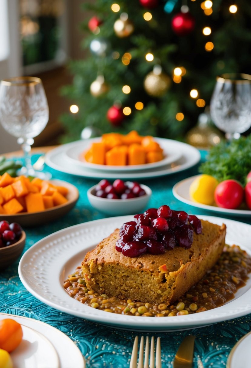 A festive table set with a spiced lentil loaf topped with cranberry sauce, surrounded by colorful vegetables and holiday decorations