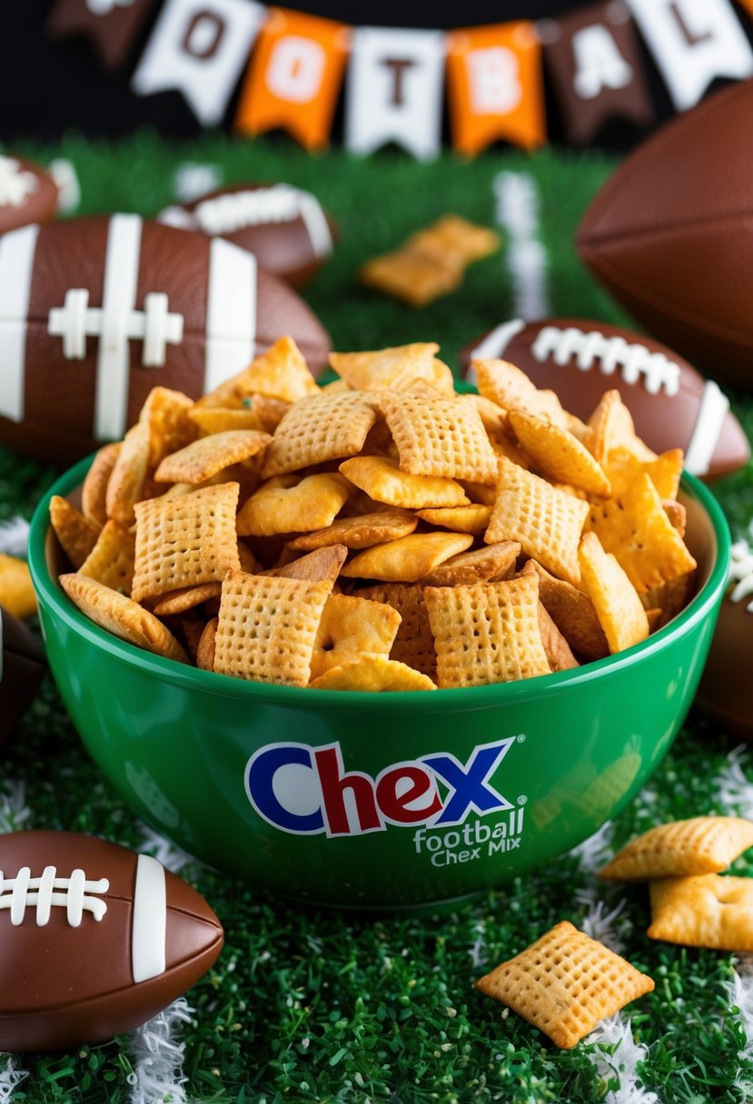 A bowl of Stadium Snack Chex football chex mix surrounded by football-themed decorations and snacks