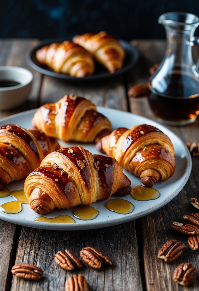 A platter of golden-brown Maple Pecan Croissants on a rustic wooden table, with a scattering of pecans and a drizzle of maple syrup