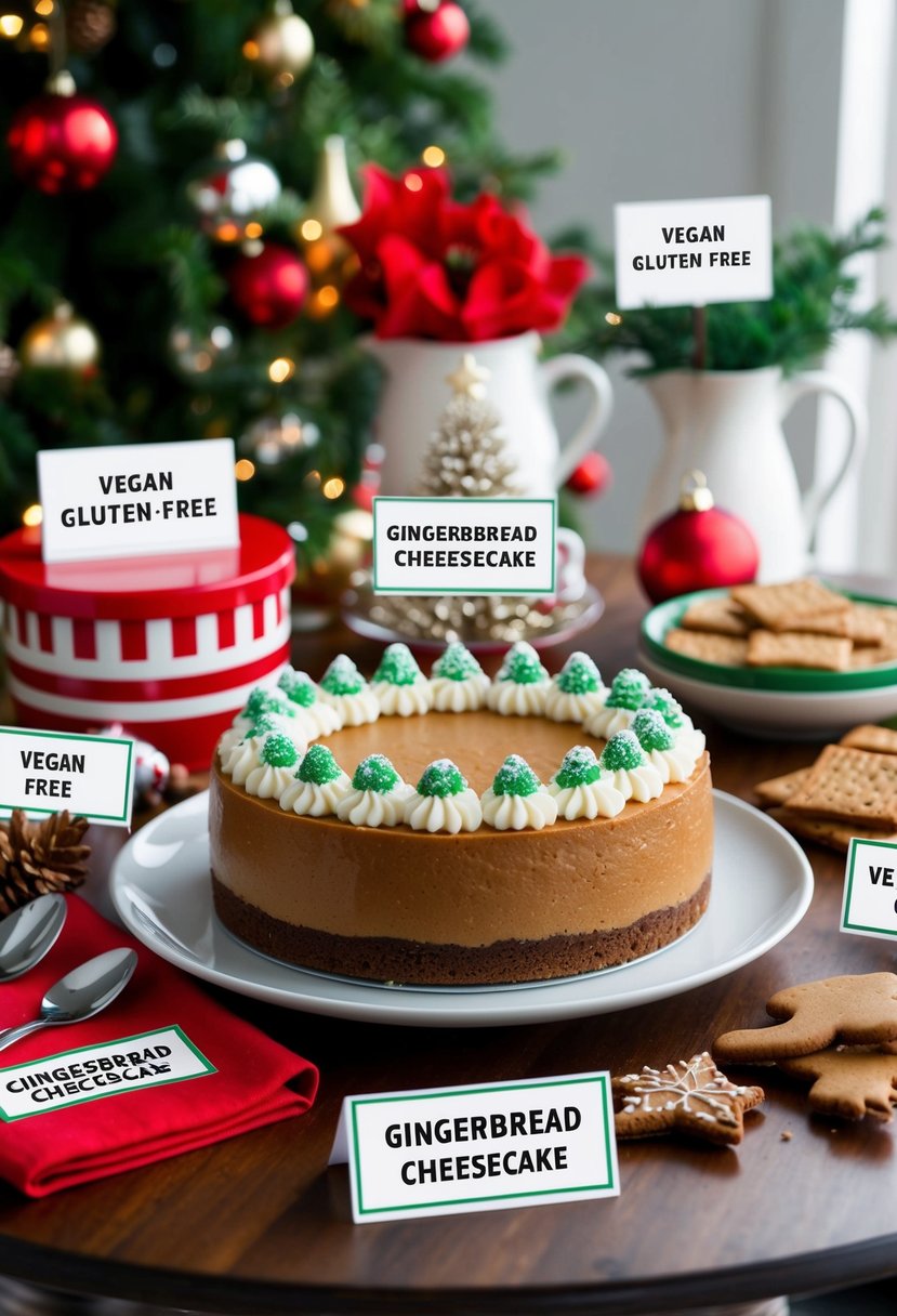 A festive table set with a no-bake gingerbread cheesecake surrounded by Christmas decorations and ingredients, all labeled vegan and gluten-free