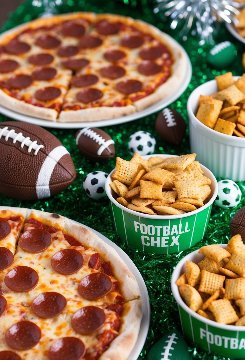 A table spread with pepperoni pizza, football-themed chex mix, and party decorations