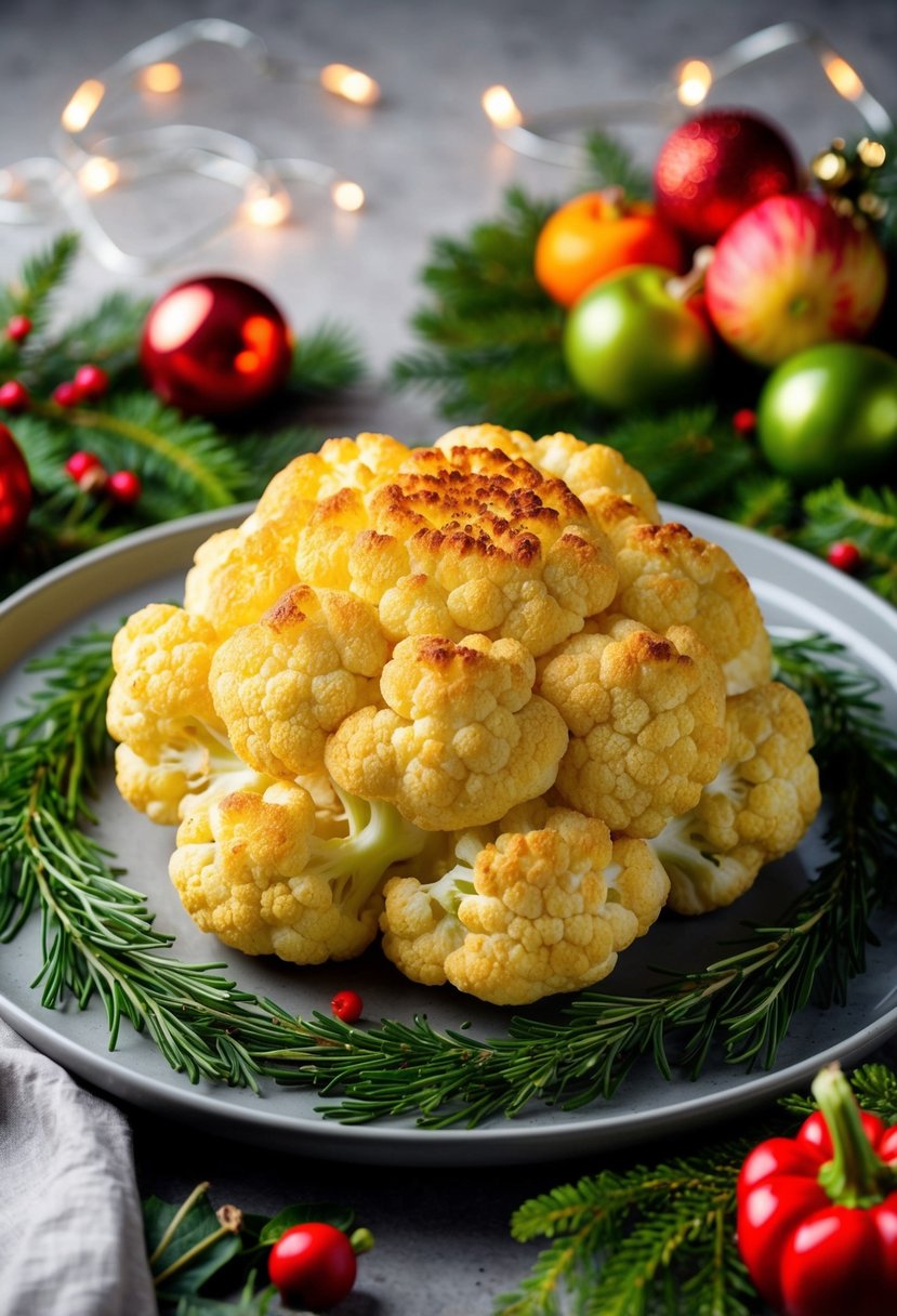 A golden crispy cauliflower roast surrounded by festive greenery and colorful seasonal vegetables