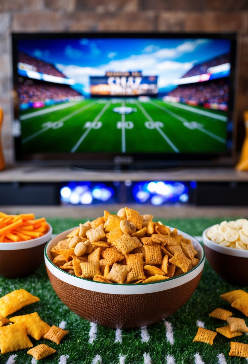 A football-shaped bowl filled with buffalo ranch chex mix surrounded by game day snacks and a big screen TV