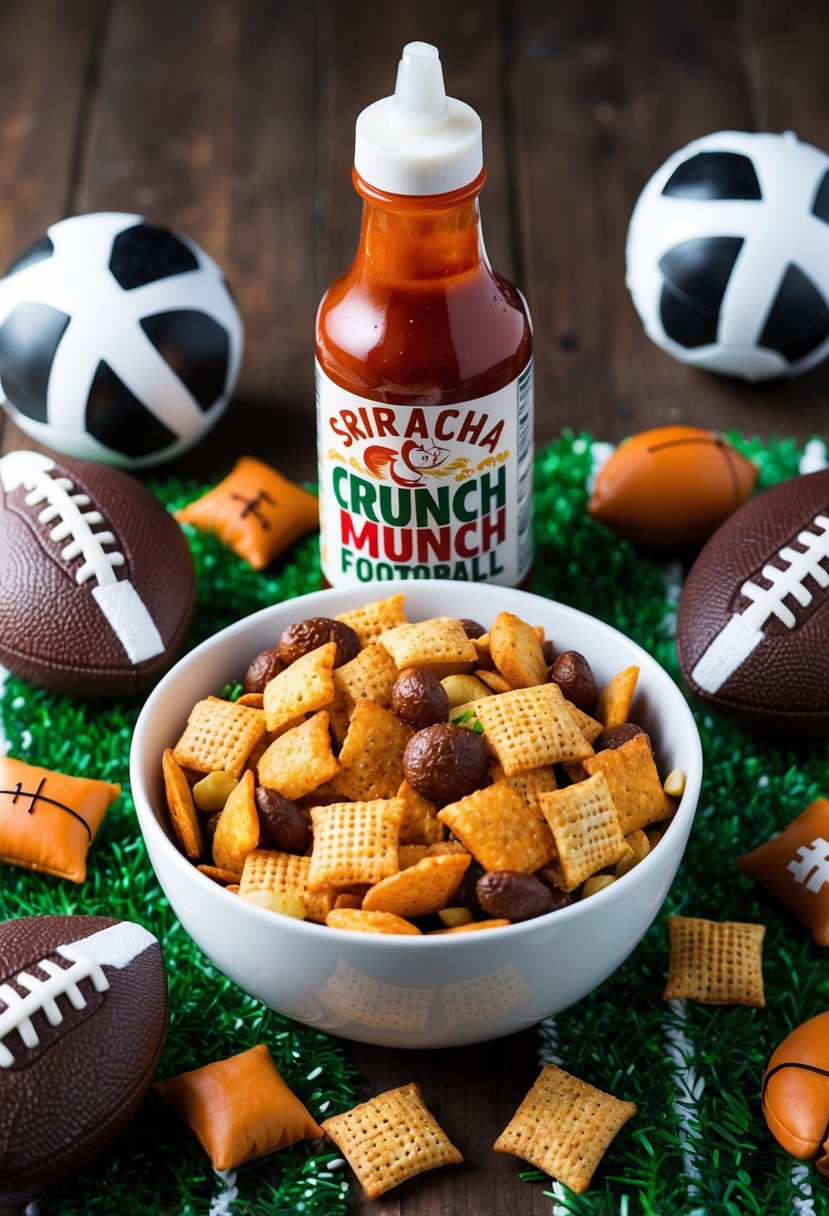 A bowl of Sriracha Crunch Munch football chex mix surrounded by football-themed decorations