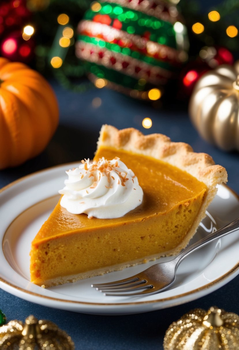 A slice of pumpkin pie topped with coconut whip, surrounded by festive decorations