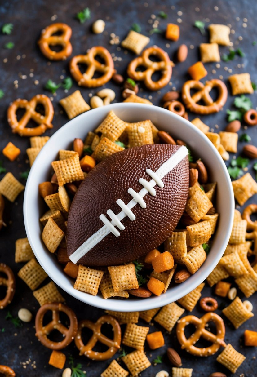 A bowl of football-shaped Chex mix with a sweet and spicy coating, surrounded by scattered ingredients like pretzels, nuts, and seasonings