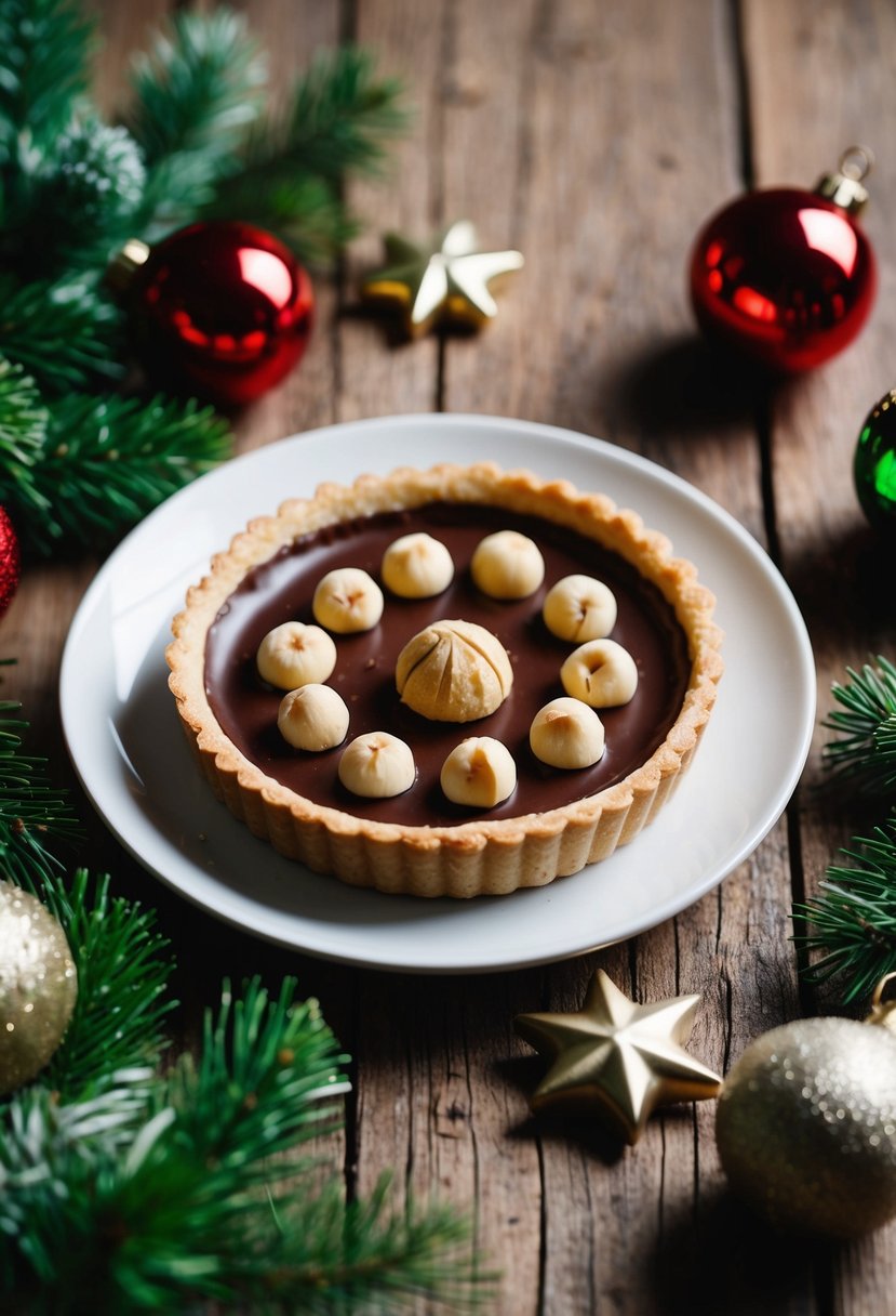 A rustic wooden table with a hazelnut chocolate tart, surrounded by festive greenery and seasonal decorations