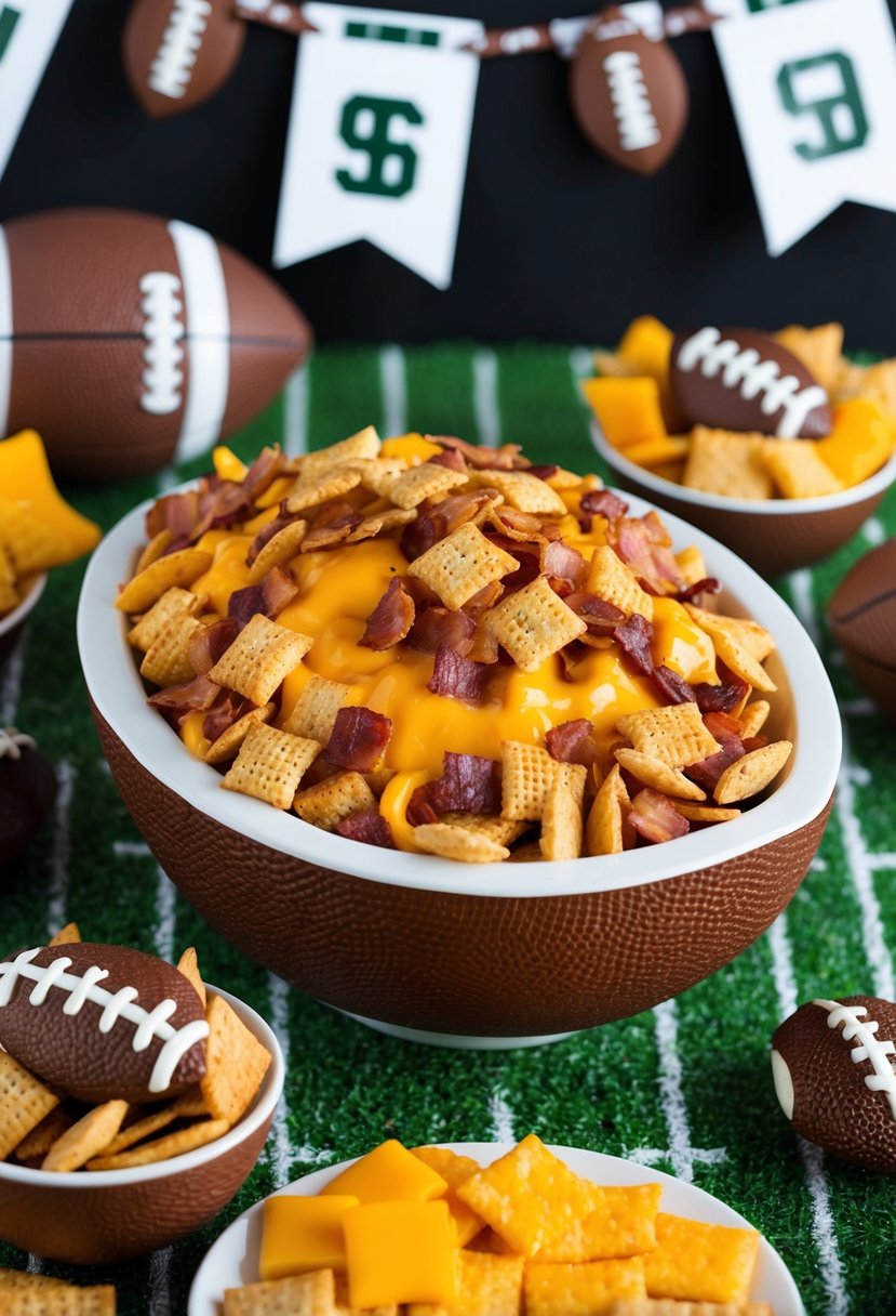 A football-shaped bowl filled with cheesy bacon chex mix surrounded by football-themed decor and snacks