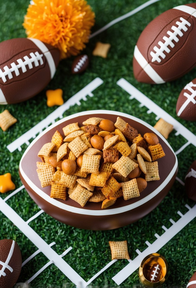 A football-shaped bowl filled with Cajun Crunch Quarterback chex mix surrounded by football-themed decorations