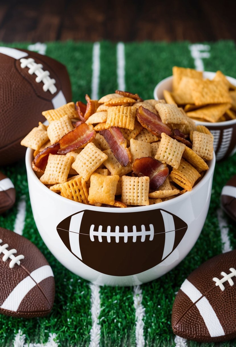 A bowl of football-themed chex mix with maple bacon and munchies, surrounded by football decor