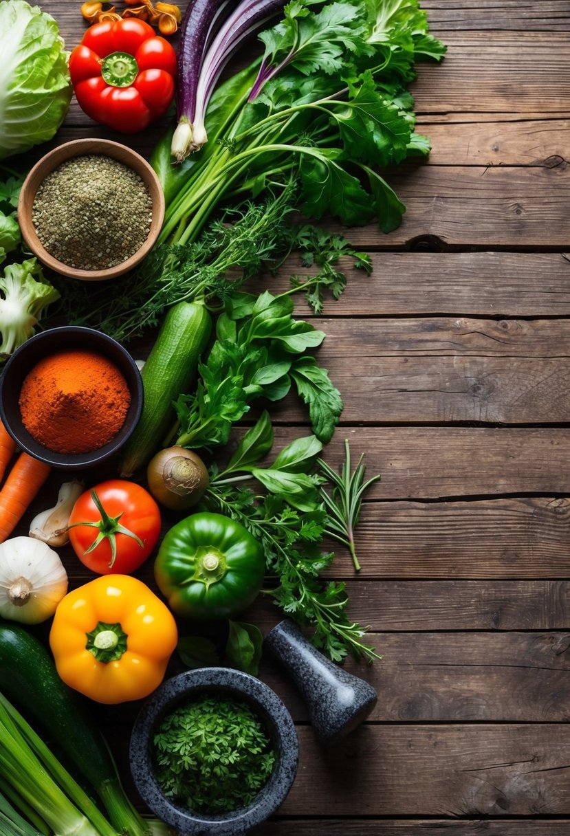 A variety of fresh vegetables, herbs, and spices arranged on a rustic wooden table, with a mortar and pestle nearby