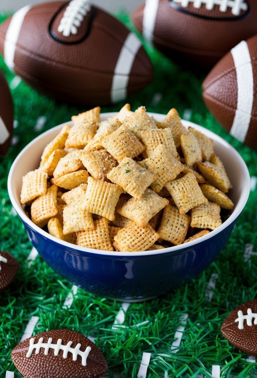 A bowl of football-shaped chex mix, coated in garlic parmesan seasoning, sits on a table surrounded by football-themed decor