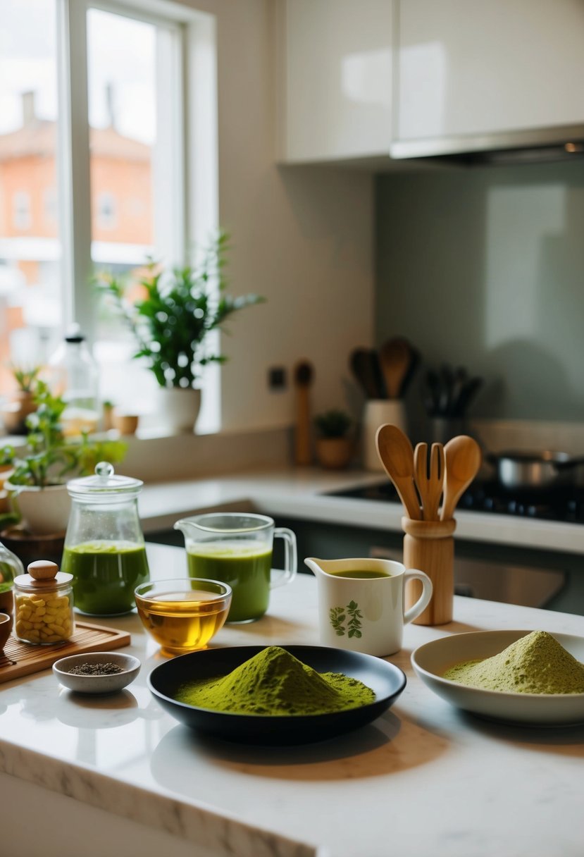 A kitchen counter with various ingredients and utensils for making matcha recipes