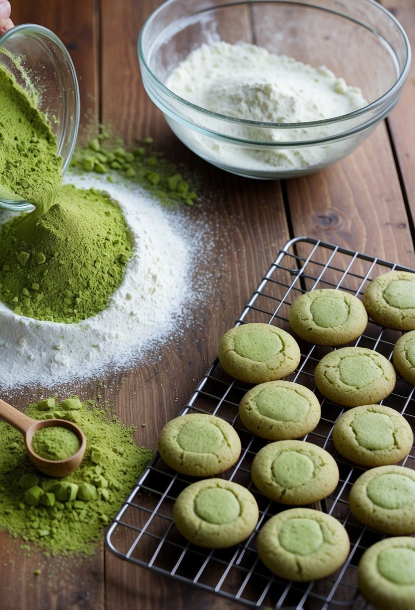 Matcha powder, flour, and sugar spill onto a wooden tabletop as a baker mixes ingredients in a glass bowl. A tray of freshly baked green tea cookies cools on a wire rack