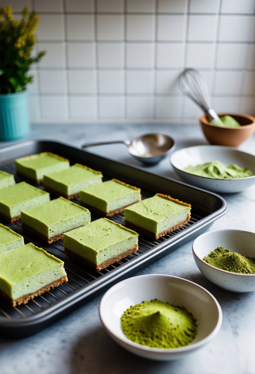 A kitchen counter with a tray of matcha cheesecake bars cooling next to a bowl of matcha powder and a whisk