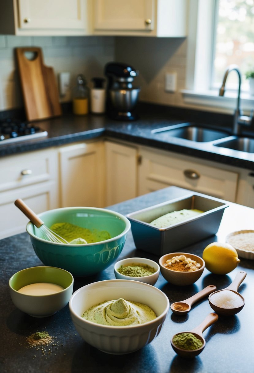 A kitchen counter with ingredients for matcha pound cake, a mixing bowl, and a loaf pan ready for baking