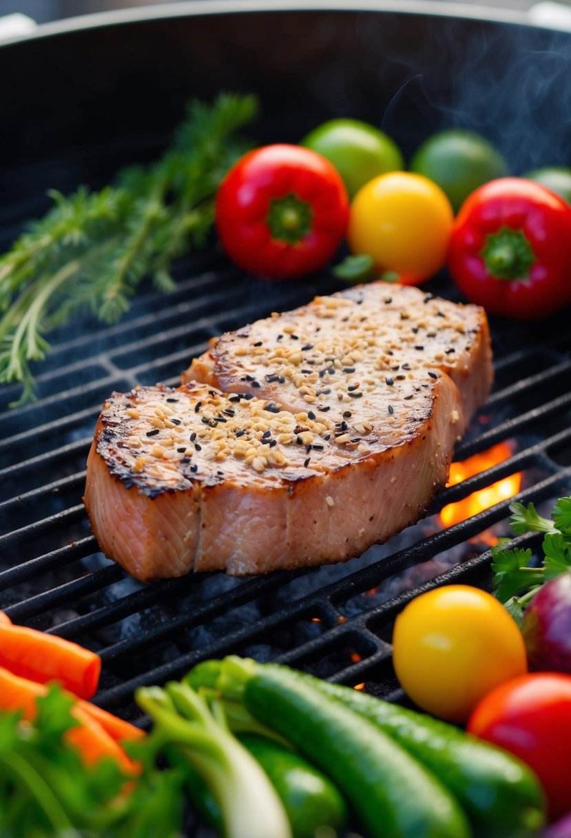 A sesame-crusted tuna steak sizzling on a hot grill, surrounded by colorful vegetables and herbs