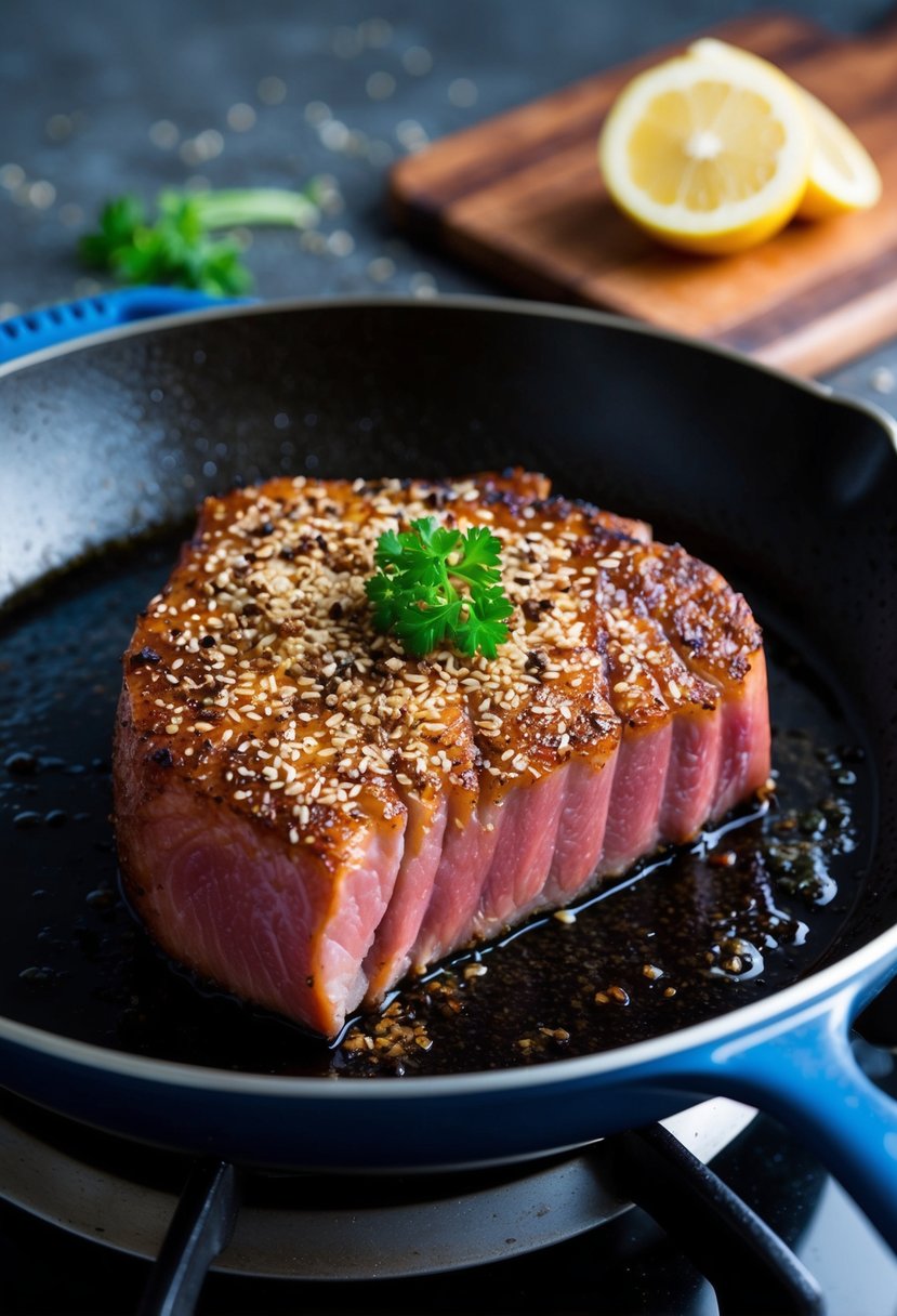 A perfectly seared sesame-crusted ahi tuna steak sizzling on a hot skillet