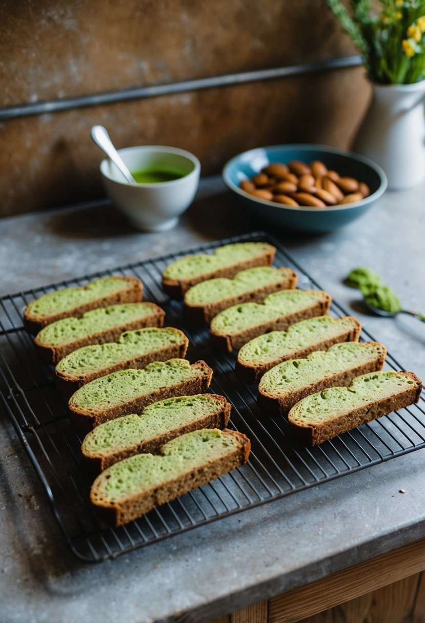 A rustic kitchen counter with a tray of freshly baked matcha almond biscotti cooling next to a cooling rack