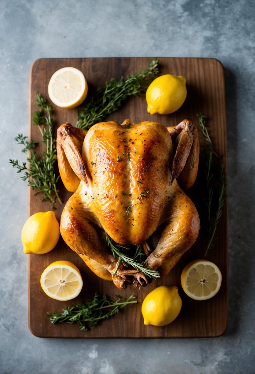 A whole roasted chicken surrounded by fresh lemons and herbs on a rustic wooden cutting board