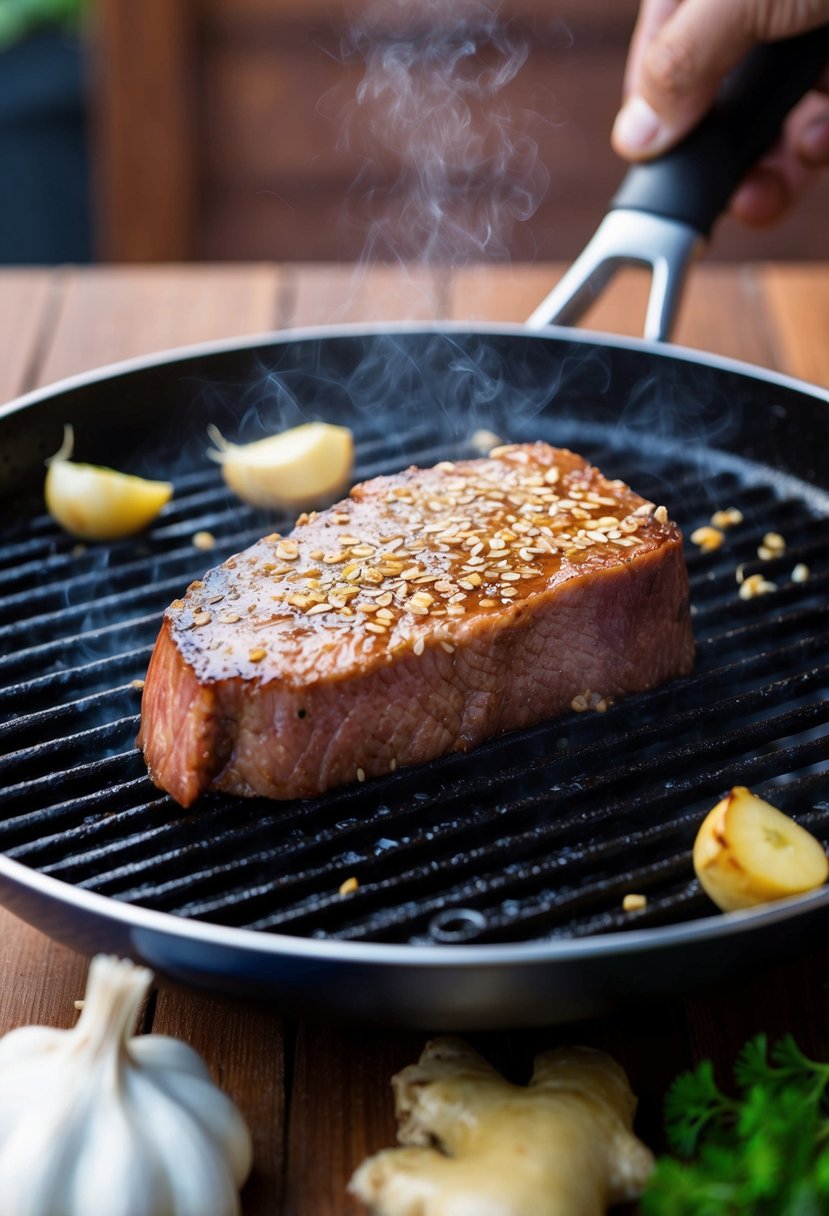 A sizzling sesame tuna steak sizzling on a hot grill, surrounded by fresh garlic and ginger