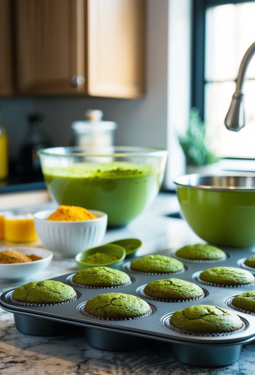 A kitchen counter with ingredients, a mixing bowl, and a muffin tin filled with freshly baked matcha muffins