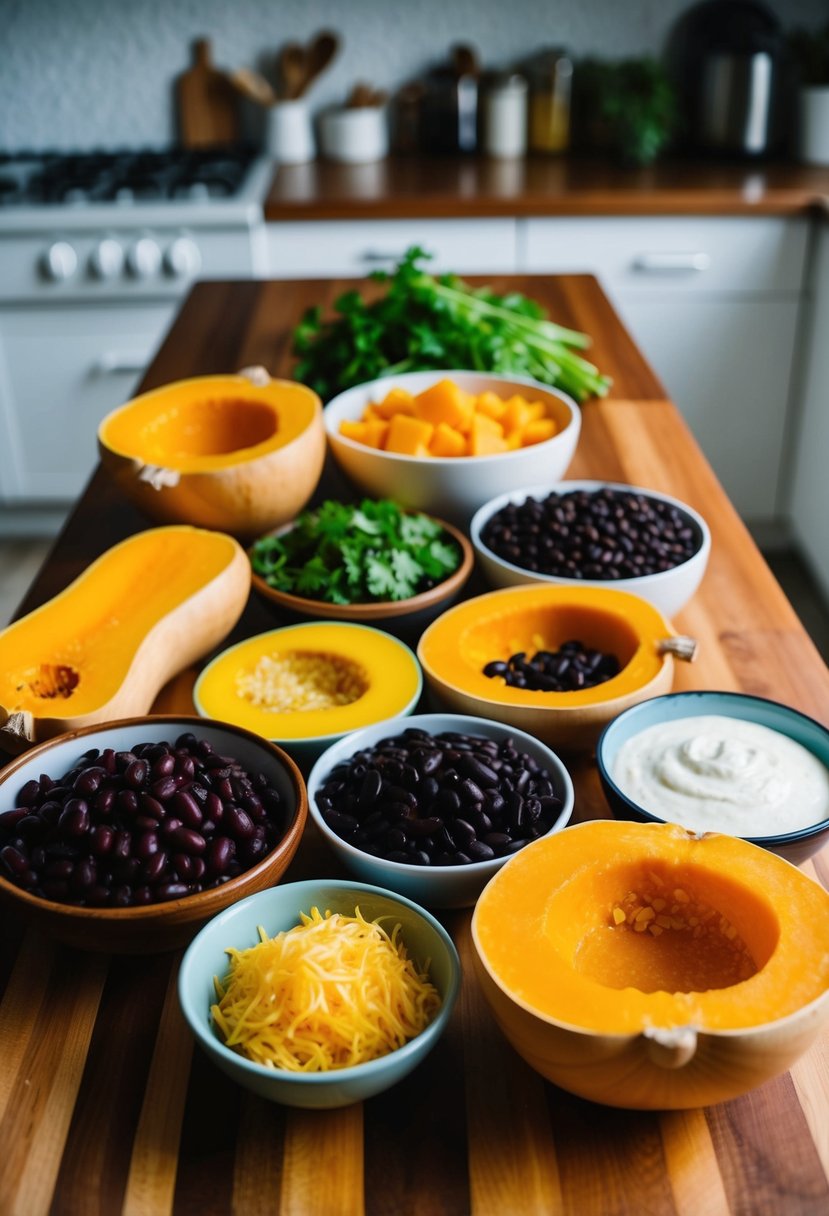 A colorful array of butternut squash, black beans, and enchiladas ingredients arranged on a kitchen counter