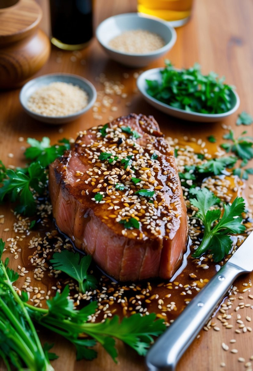 A tuna steak marinating in a honey soy sesame glaze, surrounded by sesame seeds and fresh herbs