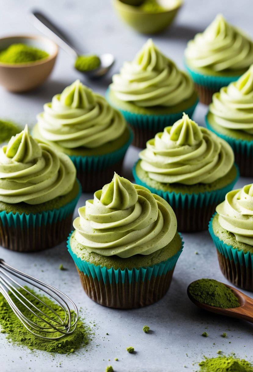 A tray of matcha cupcakes with swirls of cream cheese frosting, surrounded by scattered matcha powder and a whisk