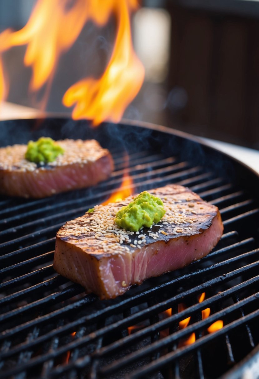 A tuna steak coated in wasabi and sesame seeds sizzling on a hot grill