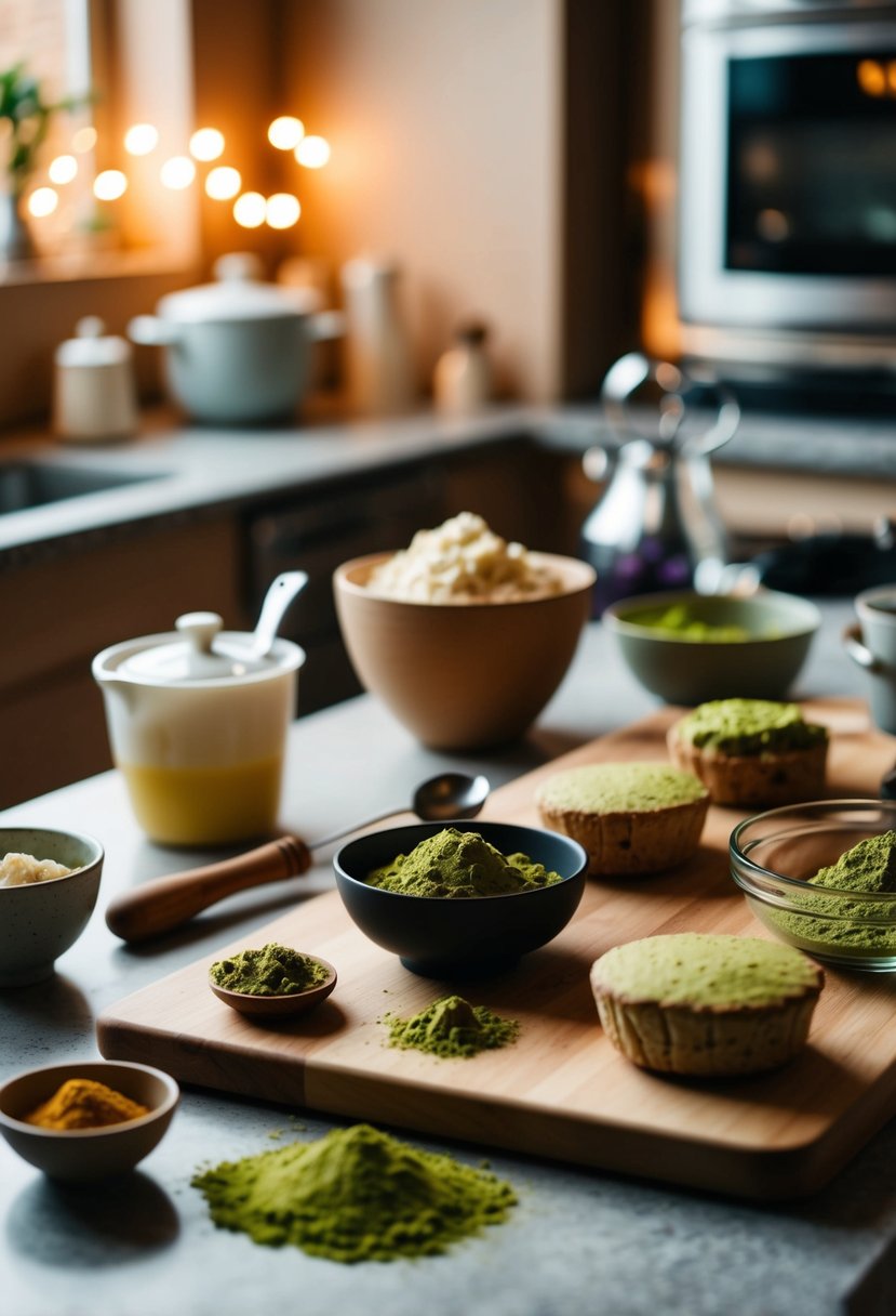 A kitchen counter with ingredients and utensils for making matcha scones, surrounded by a warm, cozy atmosphere