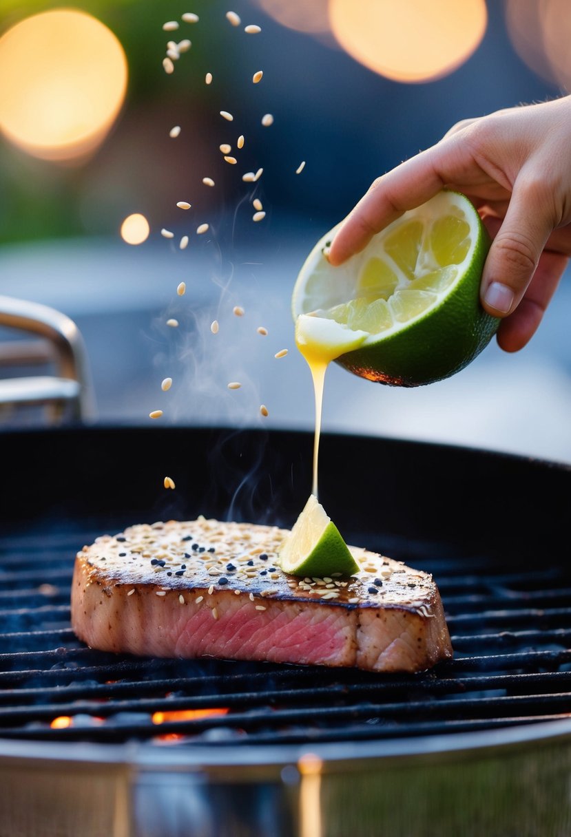 A sizzling tuna steak on a grill, sprinkled with sesame seeds and drizzled with lime juice