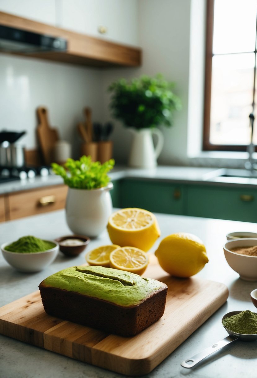 A kitchen counter with ingredients for Matcha Lemon Loaf baking