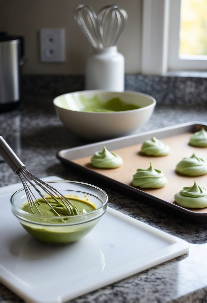 A kitchen counter with a bowl of matcha meringue cookie batter, a baking sheet, and a wire whisk