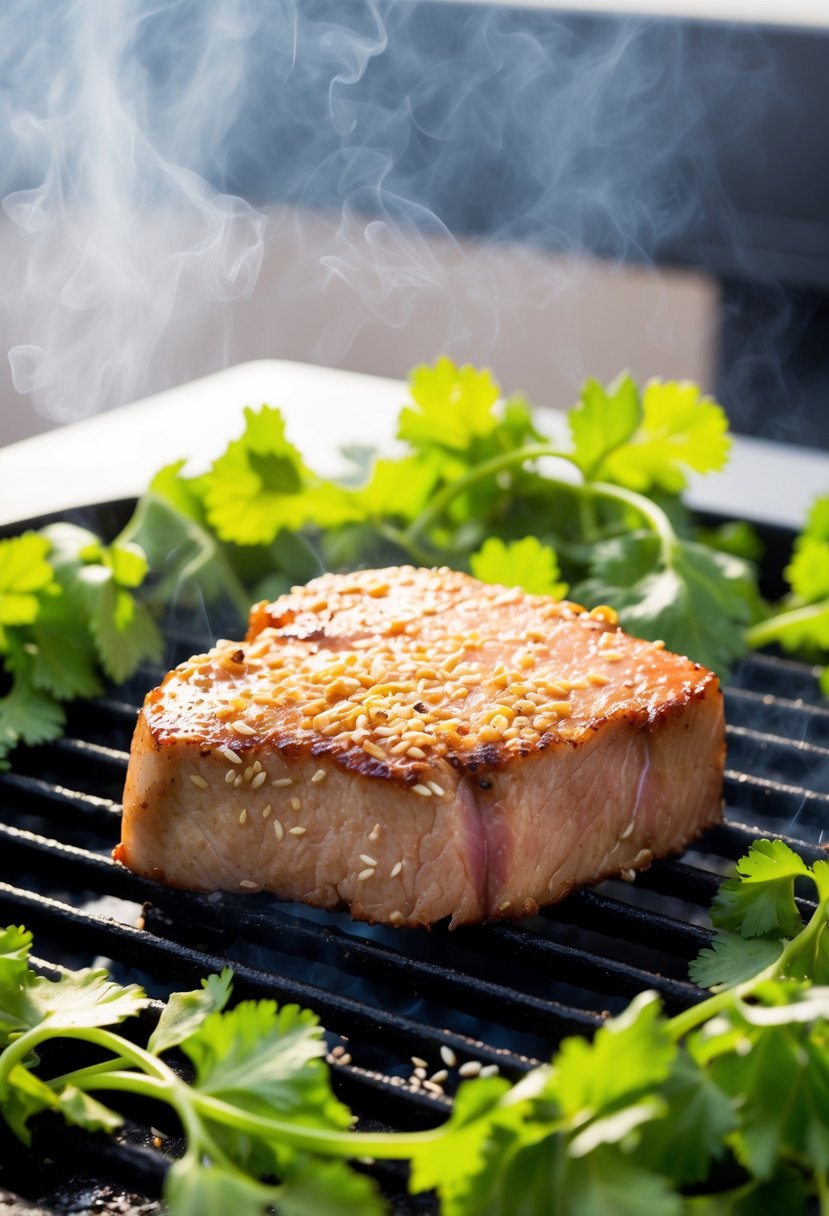 A sesame-crusted tuna steak sizzling on a hot grill, surrounded by vibrant green cilantro leaves and sesame seeds