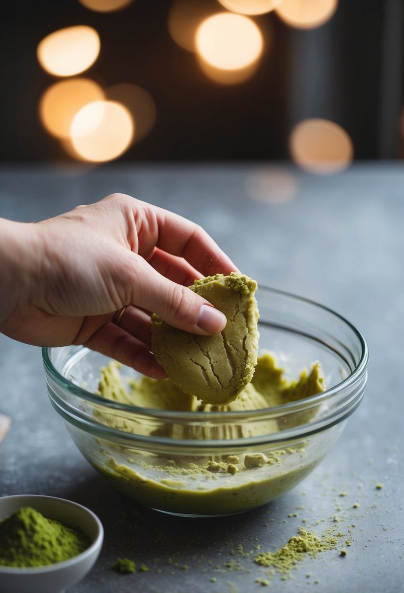 A hand mixing matcha shortbread dough in a glass bowl