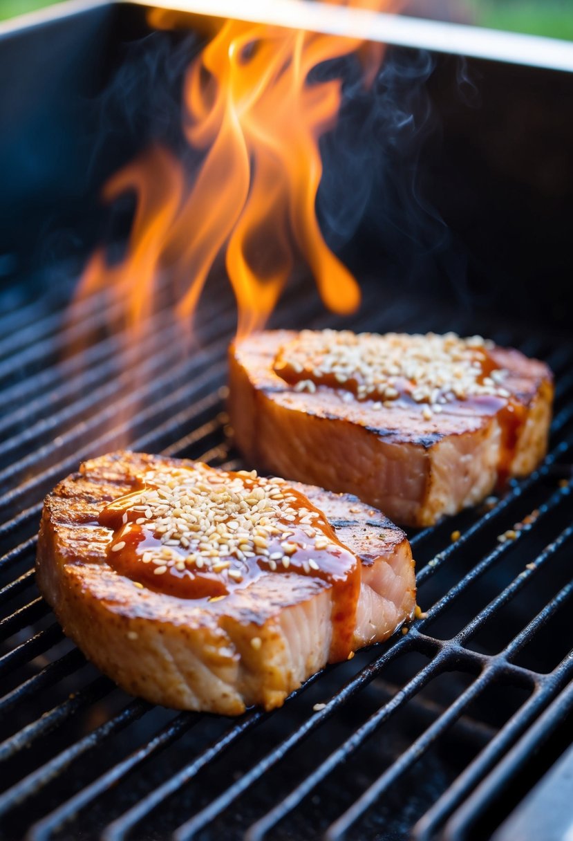 Two tuna steaks sizzling on a hot grill, coated in a spicy Sriracha sesame marinade, with sesame seeds sprinkled on top